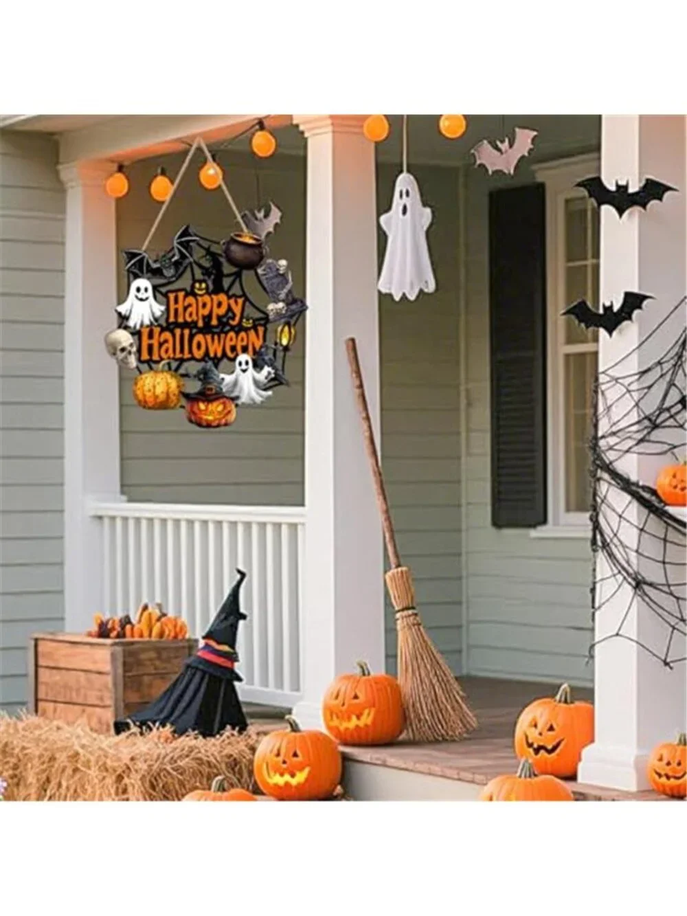 Halloween Door Decoration Wooden Ghost Wreath for Front Door Sign Pumpkin Bat